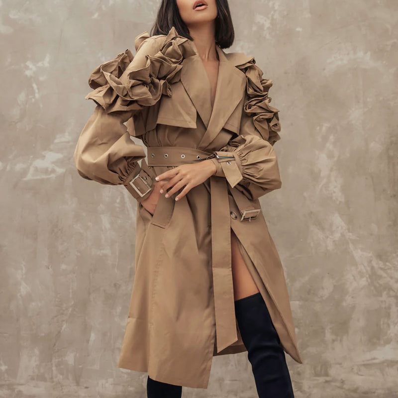 Dramatic Ruffle Shoulder Puff Sleeve Button Down Belted Trench ...