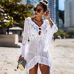 Flare Sleeve Cutout Crochet Drawstring Cover Up - White – Luxedress