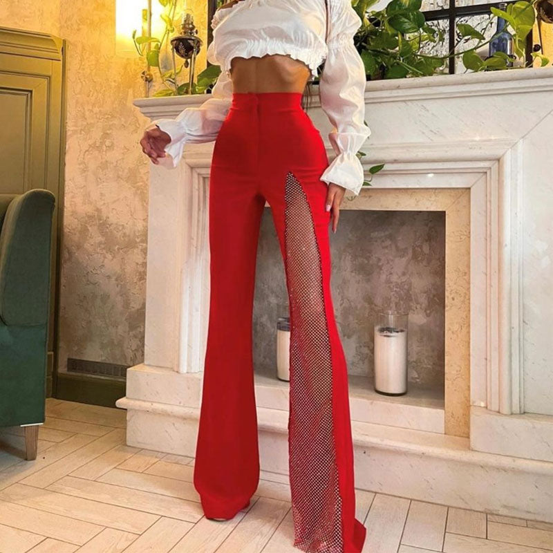 Glittering Diamante Mesh High Rise Bandage Flare Pants - Red – Luxedress