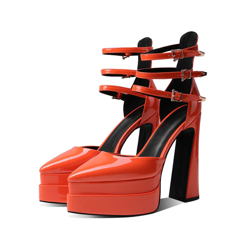 Glossy Pointed Toe Platform Block Heel Ankle Strap Pumps - Orange