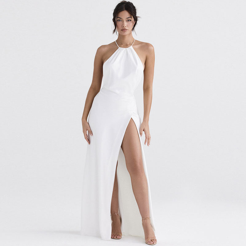 Lustrous Satin Lace Trim V Neck Cami Mini Slip Dress - White