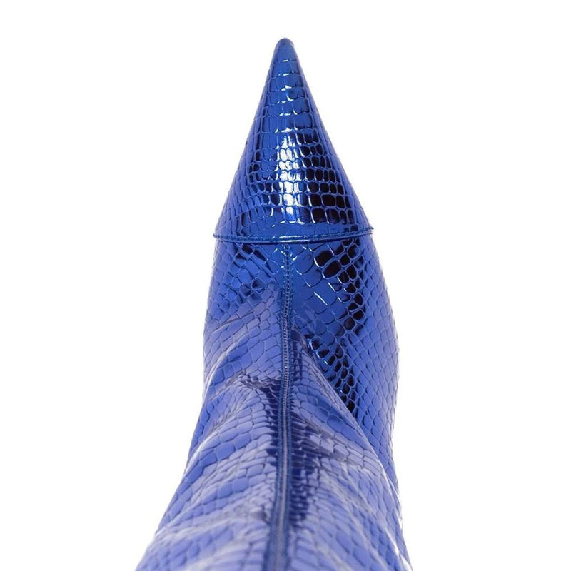 Metallic Snake Effect Pointed Toe Knee High Stiletto Boots - Klein Blue