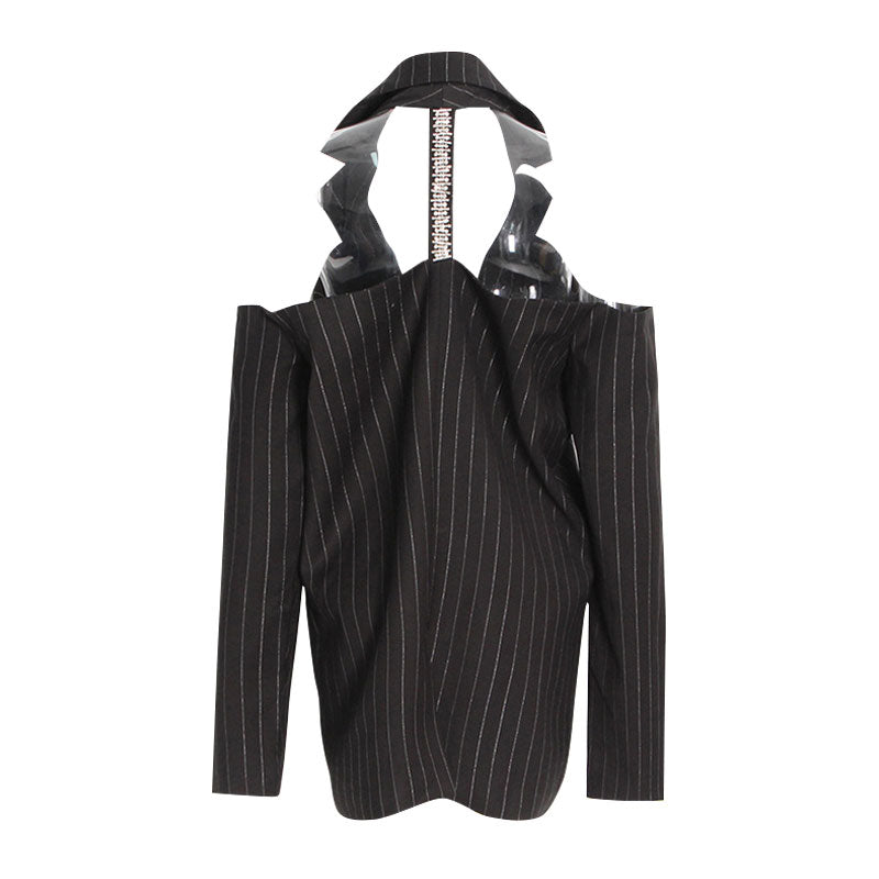 Oversized Crystal Embellished Cutout Single Breasted Lapel Collar Striped Blazer