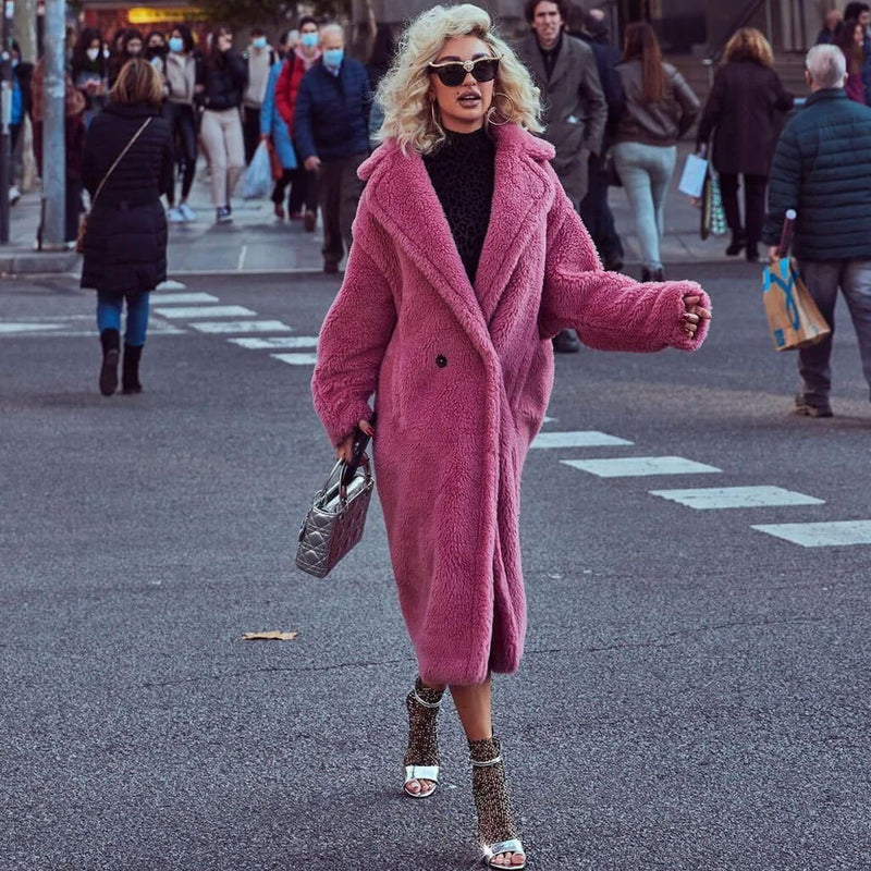 Oversized Breasted Faux - Pink Coat Double – Long Shearling Lapel Luxedress Teddy