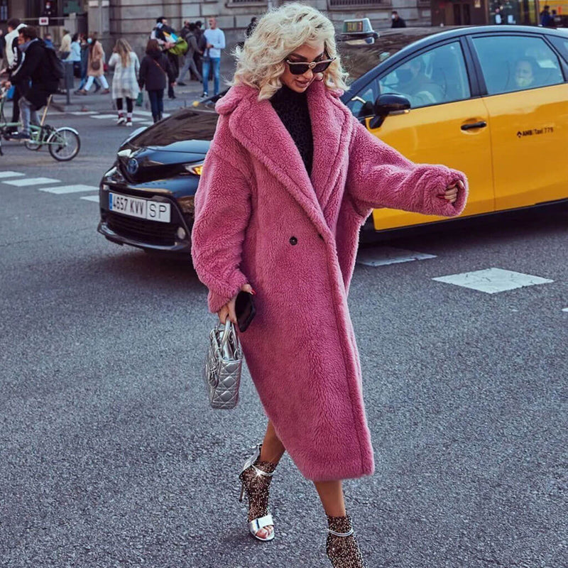 Oversized Pink Long - Shearling – Teddy Luxedress Breasted Lapel Double Coat Faux
