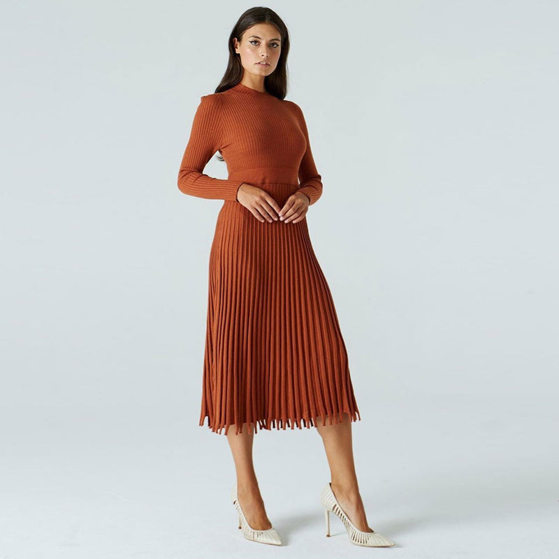 Ribbed Long Sleeve High Neck Knit Pleated Midi Sweater Dress - Burnt O –  Luxedress