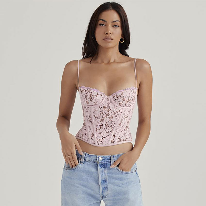 Romantic Sweetheart Spaghetti Strap Floral Lace Corset Crop Top - Pink –  Luxedress
