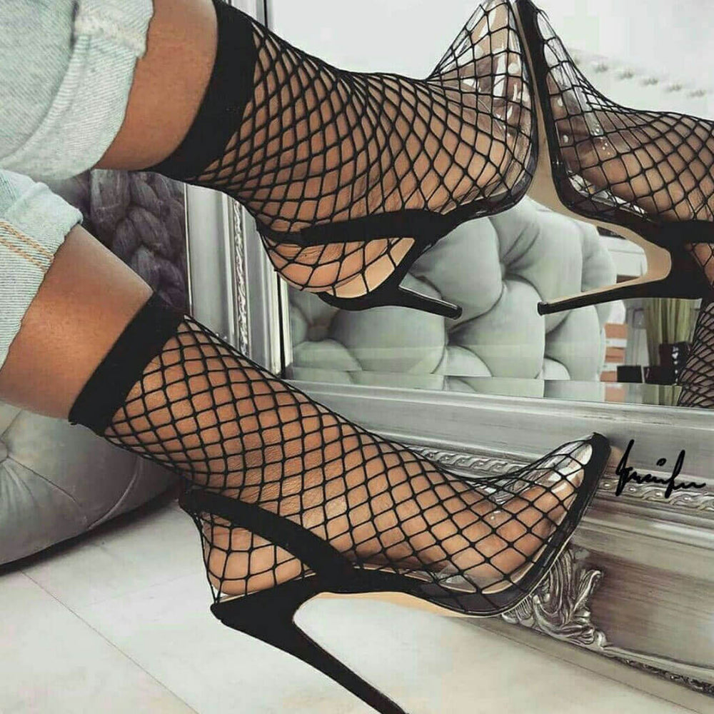 Sexy Fishnet Pointed Toe Stiletto Heel Slingback Sandals Black Luxedress