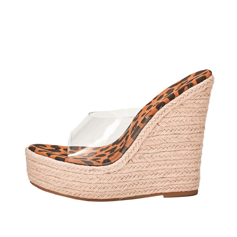 Sexy Leopard Print Clear Strap Platform Wedge Espadrille Sandals