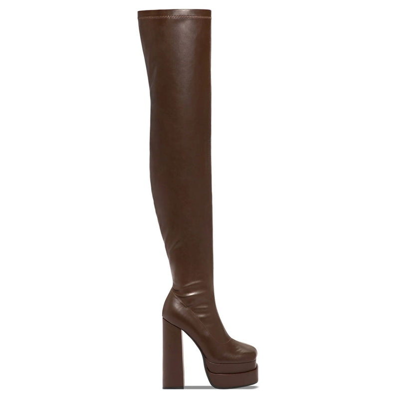 Sexy Square Toe Over Knee Platform Chunky Heeled Boots - Apricot