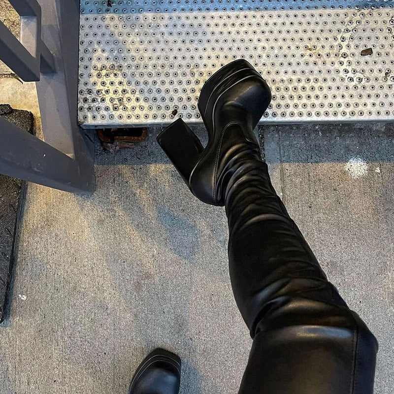 Sexy Square Toe Over Knee Platform Chunky Heeled Boots - Black