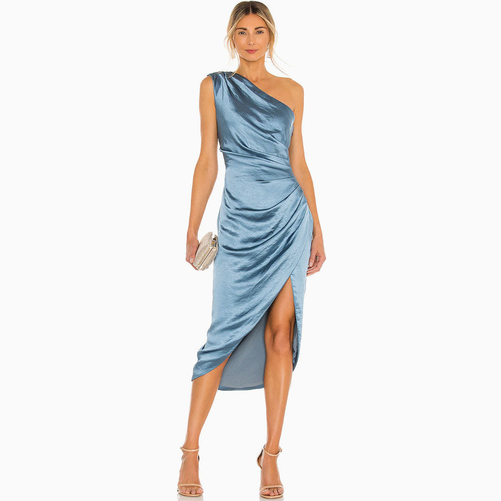 Almost Famous Striped Ruched Cocktail Dress in Blue