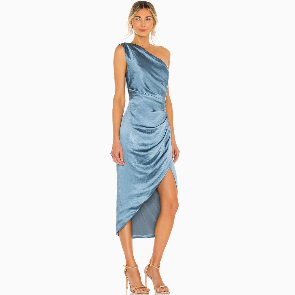 Silky High Slit Ruched One Shoulder Satin Cocktail Midi Dress - Blue ...