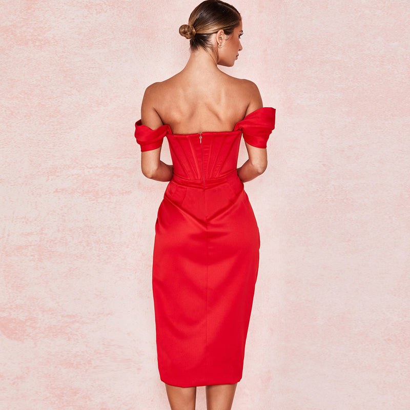 Silky Satin Off Shoulder High Slit Drape Corset Midi Dress - Red – Luxedress
