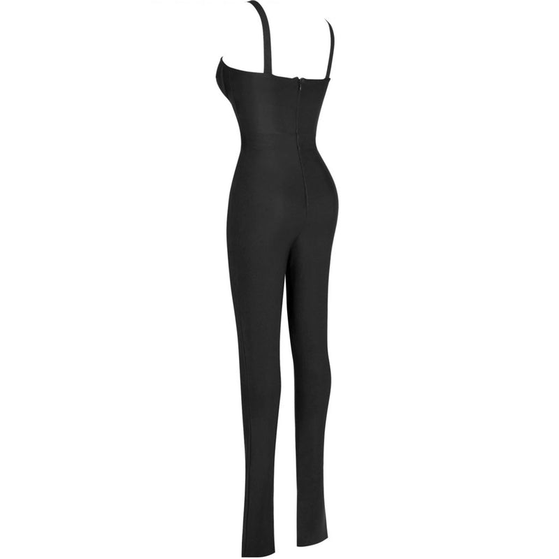 Sleeveless Notch Front Bodycon Bandage Jumpsuit - Black