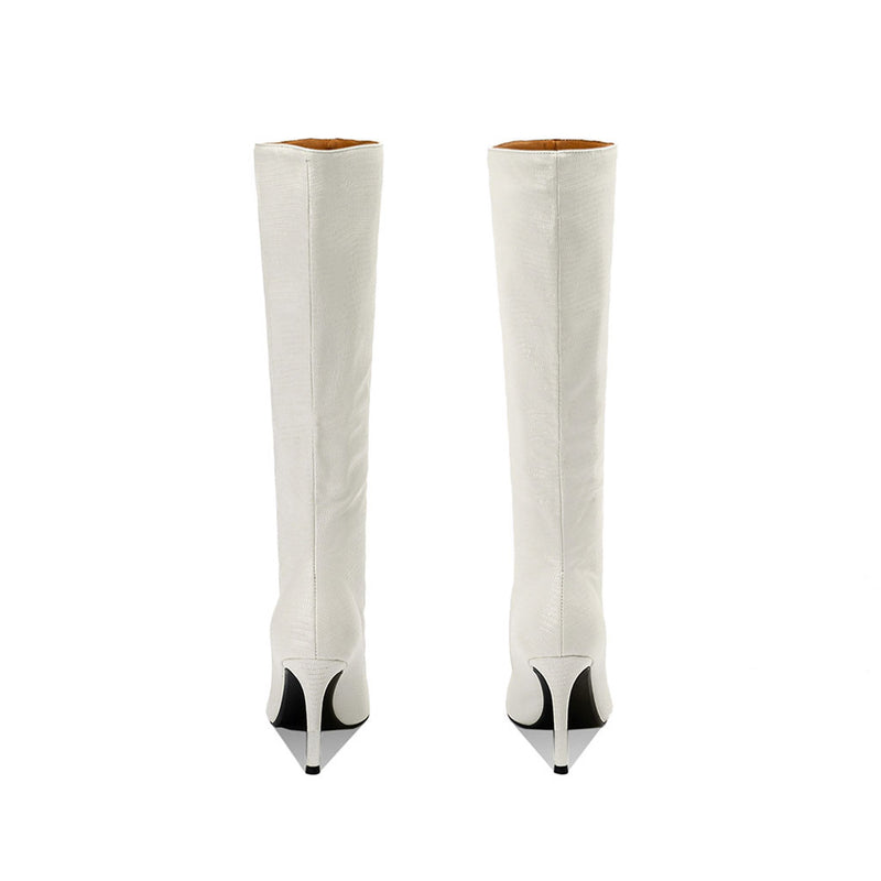 Snake Effect Leather Pointed Toe Knee High Stiletto Boots - Off White