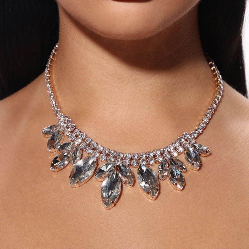 Sparkly Marquise Cut Rhinestone Embellished Collar Necklace - Silver