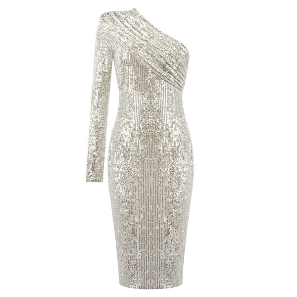 Sparkly One Shoulder Long Sleeved Bodycon Sequin Midi Dress - Silver ...