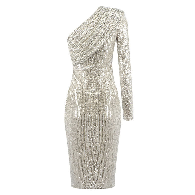 Sparkly One Shoulder Long Sleeved Bodycon Sequin Midi Dress - Silver –  Luxedress