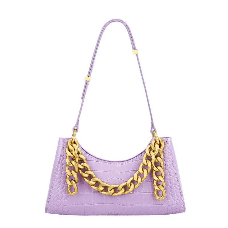 Stylish Crocodile Embossed Metal Chain Baguette Shoulder Bag - Purple