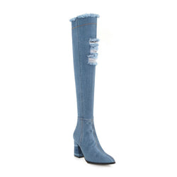 Stylish Distressed Denim Over Knee Pointed Toe Block Heel Boots - Light Blue