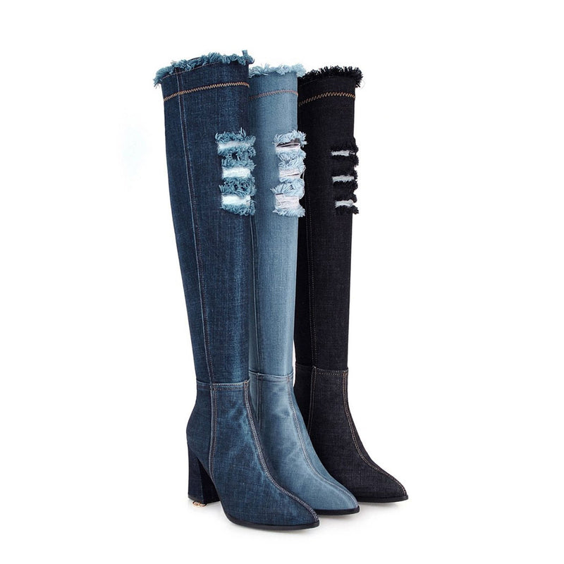 Stylish Distressed Denim Over Knee Pointed Toe Block Heel Boots - Light Blue