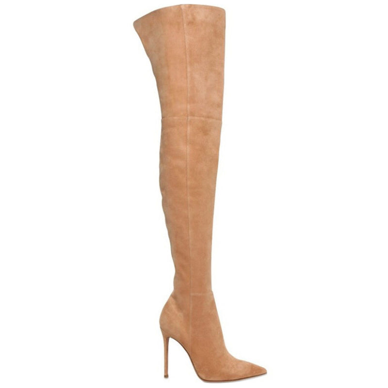 Stylish Suede Pointed Toe Over-knee Stiletto Boots - Camel – Luxedress