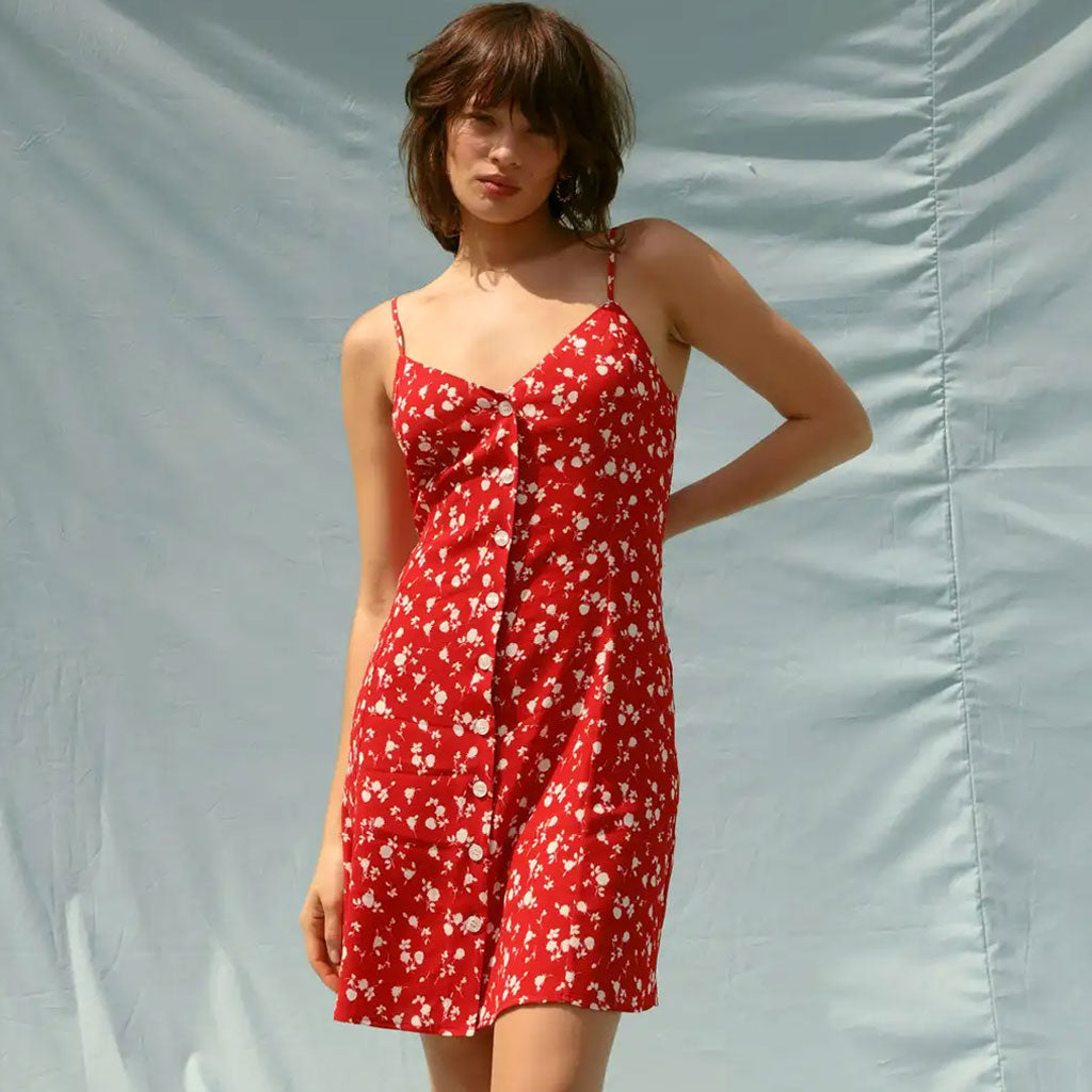 Sweet Floral Print V Neck Button Front Cami Mini Dress - Red – Luxedress