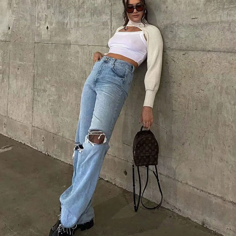 Trendy High Waist Wide Leg Ripped Boyfriend Jeans - Light Blue – Luxedress
