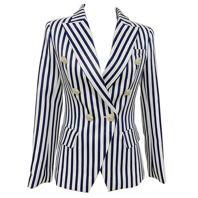 Trendy Vertical Stripe Double Breasted Collared Blazer White Luxedress 1789