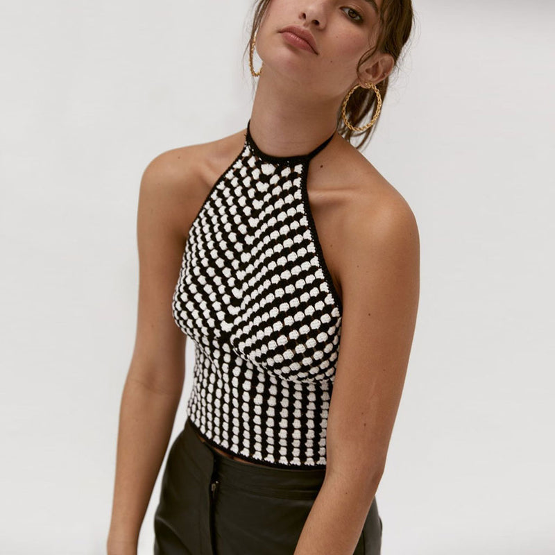 Vintage Gingham Lace Up Halter Neck Cropped Tank Top - Black – Luxedress